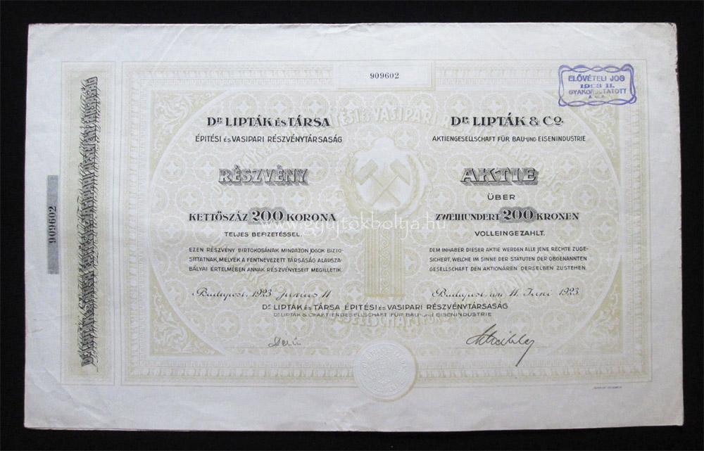 Dr. Lipták & Társa Építési és Vasipari részvény 200 korona 1923
